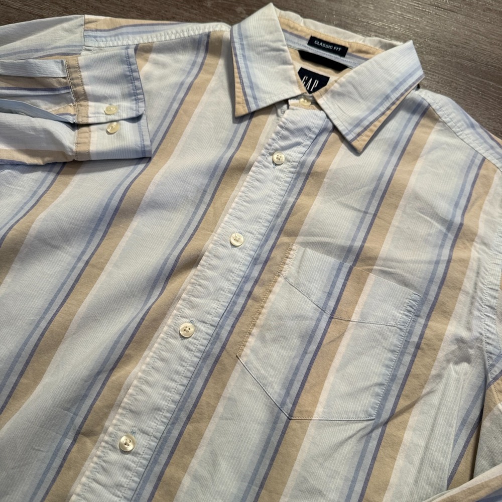GAP‎ Shirt Mens Medium Blue Tan Striped 100% Cotton Classic Fit Business Classic